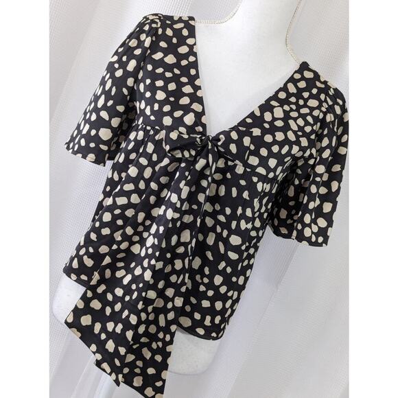 LOFT! BLACK, TAN SATINY PUFF SLEEVE, BOW BACK SPECKLED TOP, BLOUSE, SHIRT! SZ XS - Picture 8 of 8